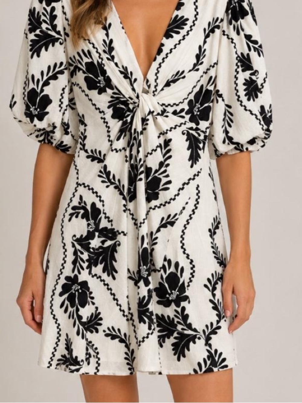 Black & White Floral Tie-Front Mini Dress